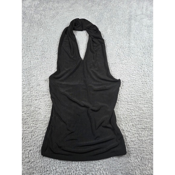 MOT Tops - Backless Black Ribbed Halter Top Deep V Neck Open Back Minimalist Sleeveless S